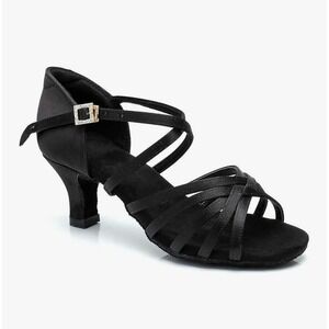 New Olora Black Silk Women's Latin Ballroom Dance Shoes, 1.8" Heel, Size 10.5 M